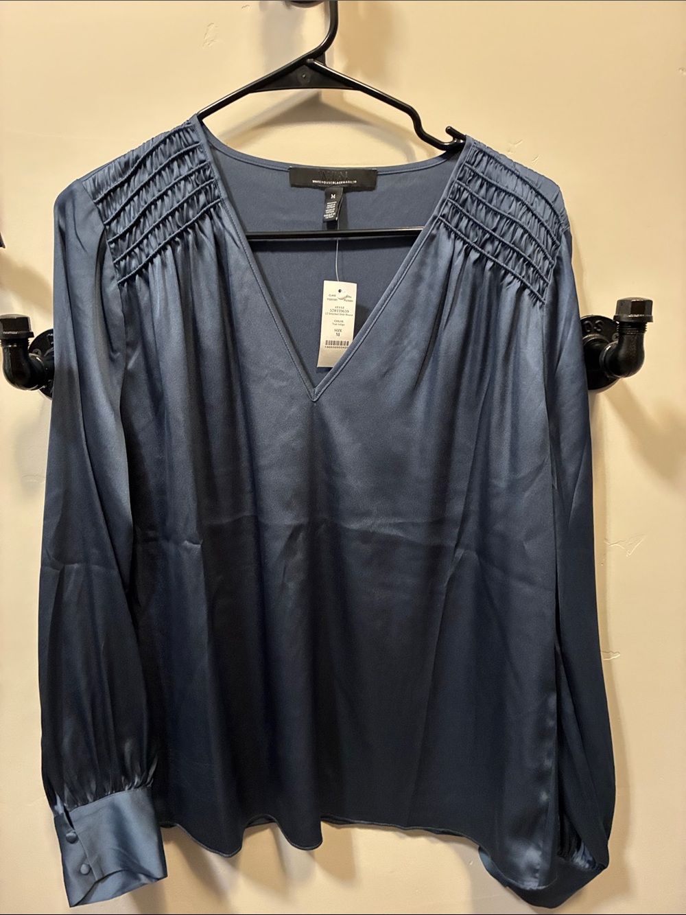 White House Black Market Blue Satin V-Neck Blouse with Pintuck Shoulders Size M